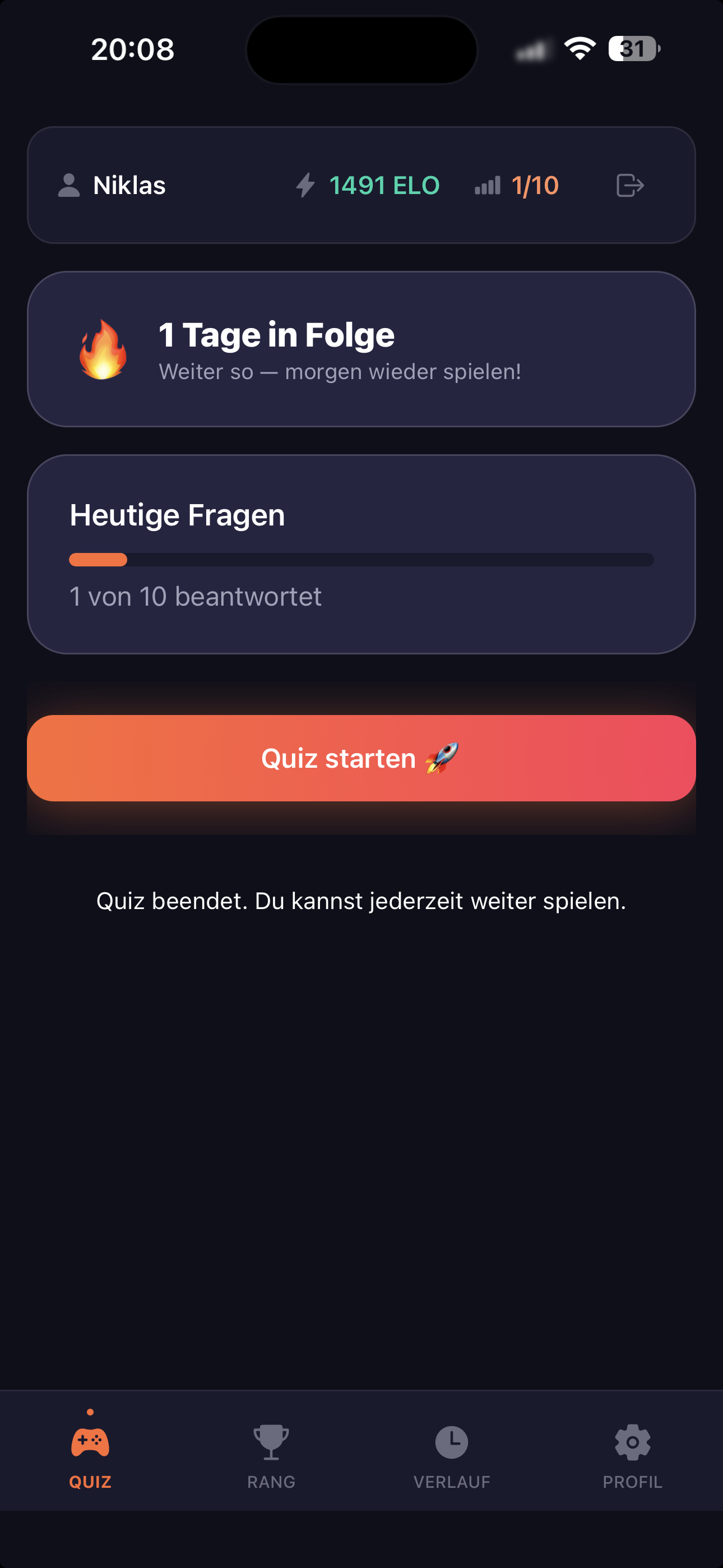 KnowDown Dashboard mit ELO-Rating und Tageslimit